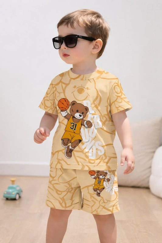 Yellow Bear With Basket Ball Printed Kids Suit