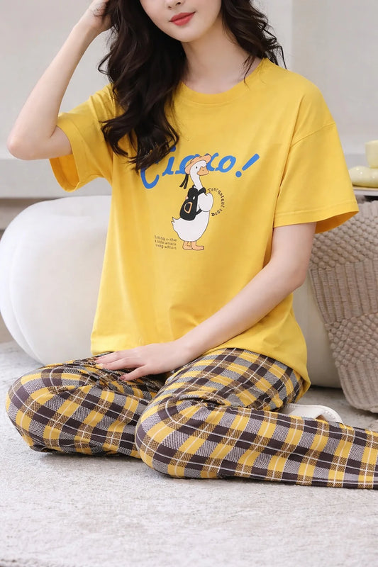 Yellow Cute Duck Printed Half Sleeves T-shirt With Check Pajama Night Suit for Her