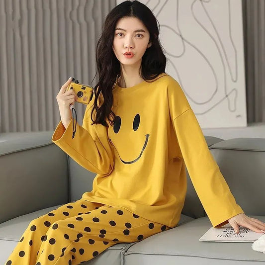 Yellow Smile Print Full Sleeves T-shirt With Dotted Pajama Night Suit (SP-51)