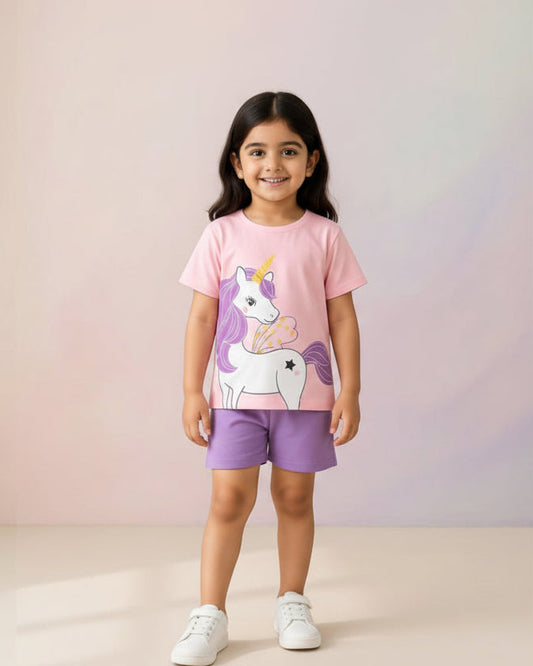 PINK PURPLE UNICORN PRINT SHORT-SLEEVE TEE & SHORTS SET