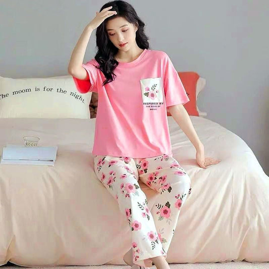 Pink Pocket Flower Printed Night Suit (SP-10)