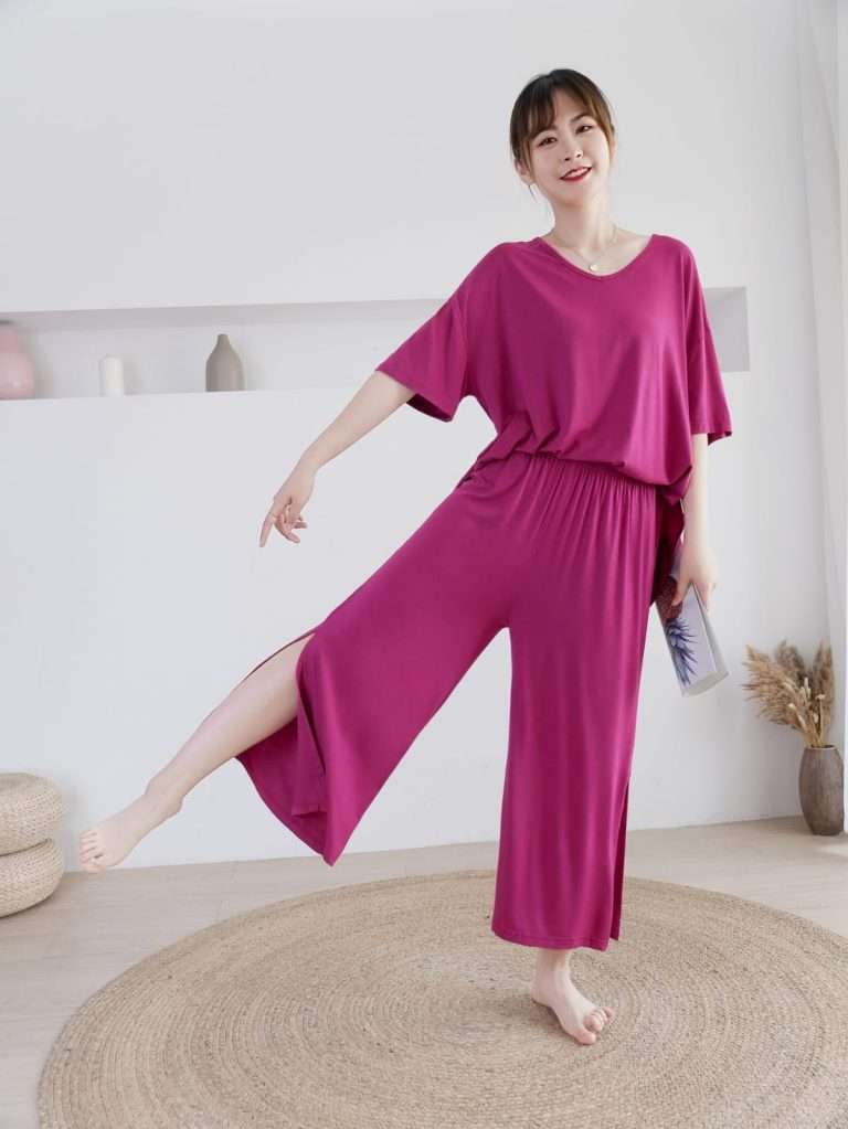 Plain Shocking Pink V Neck Quarter Sleeves with Cut Style Pajama Night