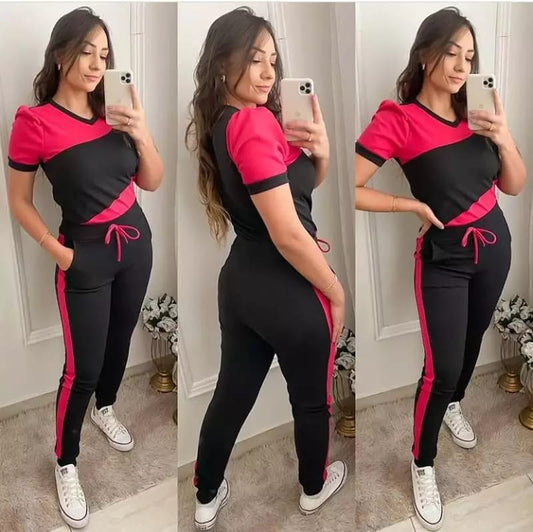 Pink Black Panel Gym Summer Suit Or Yoga Suit Tracksuit For Her