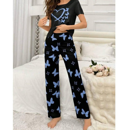 Black With Blue Butterflies Heart Printed T-shirt And Butterflies Printed Trouser Suit (SP-34)