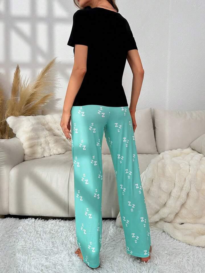 Black Please Do Not Disturb Printed Half Sleeves T-shirt With Printed Trouser Suit (SP-36)
