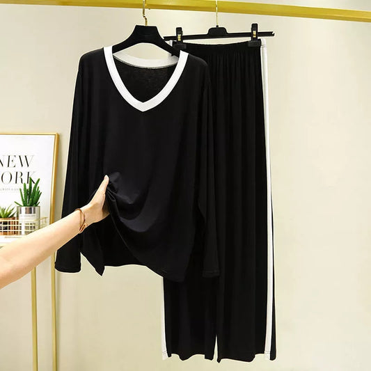 Plain Black with White V Neck with White Panel Pajama Full Sleeves Suit