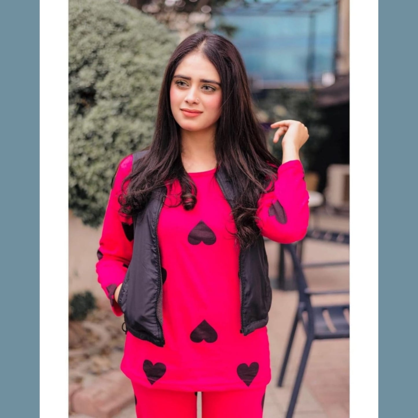 Shocking Pink With Black Big Heart print Half Sleeves Night Suit for her (SP-37)