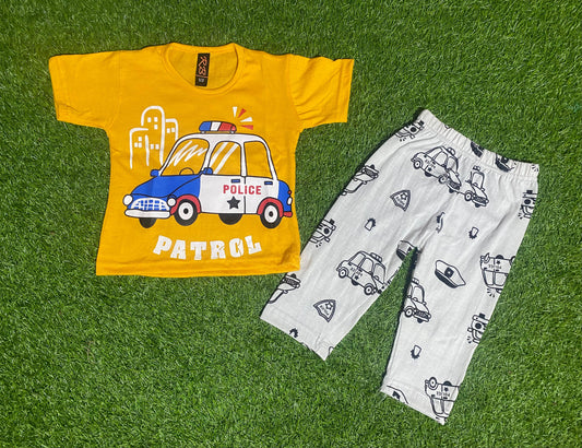 Baby or Baba Yellow Car Print Half Sleeves T-shirt With Printed Pajama Night Suit for Kids (1 Suit ) (SP-108)