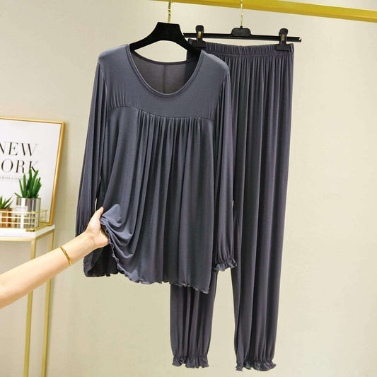 Grey Round Neck Frill Style T Shirt with Palazzo Style Pajama Full Sleeves Suit