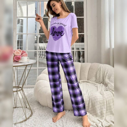 Purple With Love Heart Print Half Sleeves T-shirt With Check Printed Trouser Suit (SP-25)