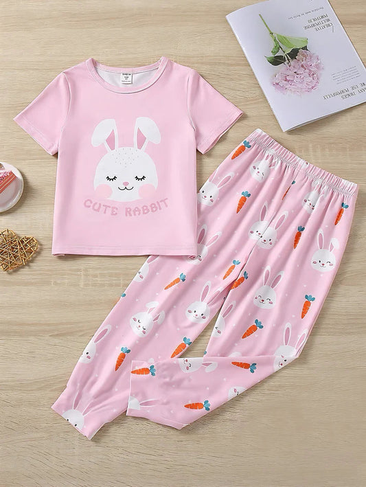 Girls' Cute Rabbit Print Pink Pajama Set β Short Sleeve Top & Full-Length Pants