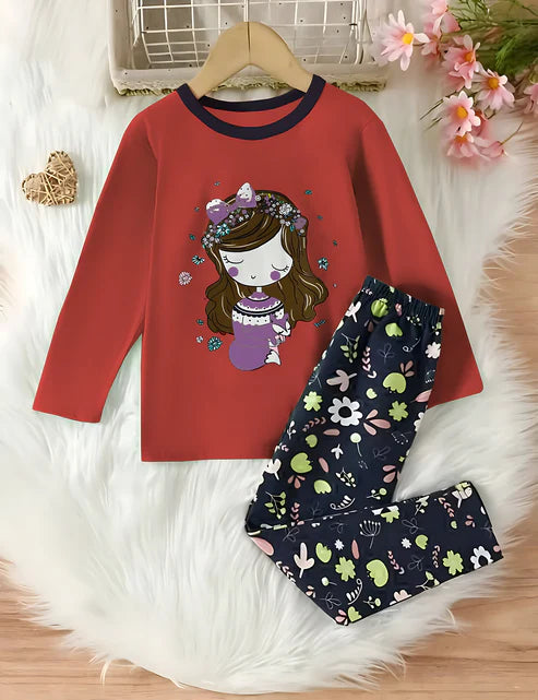 Red Barbie Girl Printed Full Sleeves T-shirt with Flower Printed Pajama Kids Suits (RB-545)