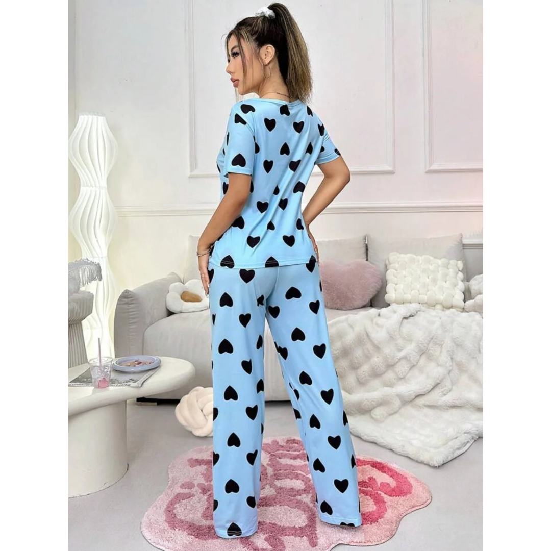 Blue With Black Hearts Print Half Sleeves T-shirt With Hearts Printed Trouser Suit (SP-28)
