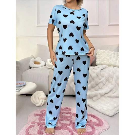Blue With Black Hearts Print Half Sleeves T-shirt With Hearts Printed Trouser Suit (SP-28)