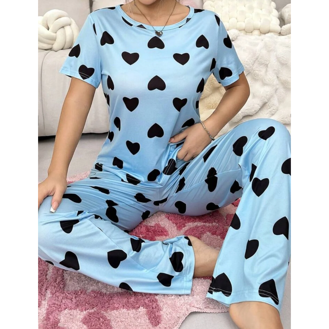 Blue With Black Hearts Print Half Sleeves T-shirt With Hearts Printed Trouser Suit (SP-28)