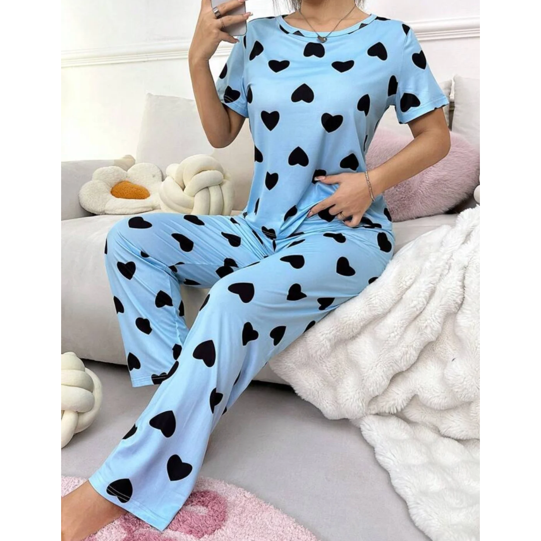 Blue With Black Hearts Print Half Sleeves T-shirt With Hearts Printed Trouser Suit (SP-28)
