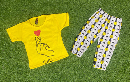 Baby or Baba Yellow Love Print Half Sleeves T-shirt With Printed Pajama Night Suit for Kids (1 Suit ) (SP-109)