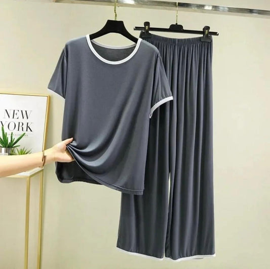 Grey Night Suit with White Piping – Half Sleeves & Piped Neck for Women