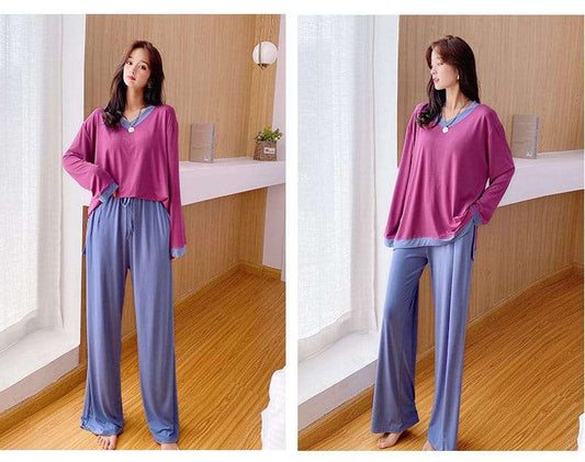 Shocking Pink with Blue V Neck with Blue Contrast Palazzo Pajama Full Sleeves Night Suit