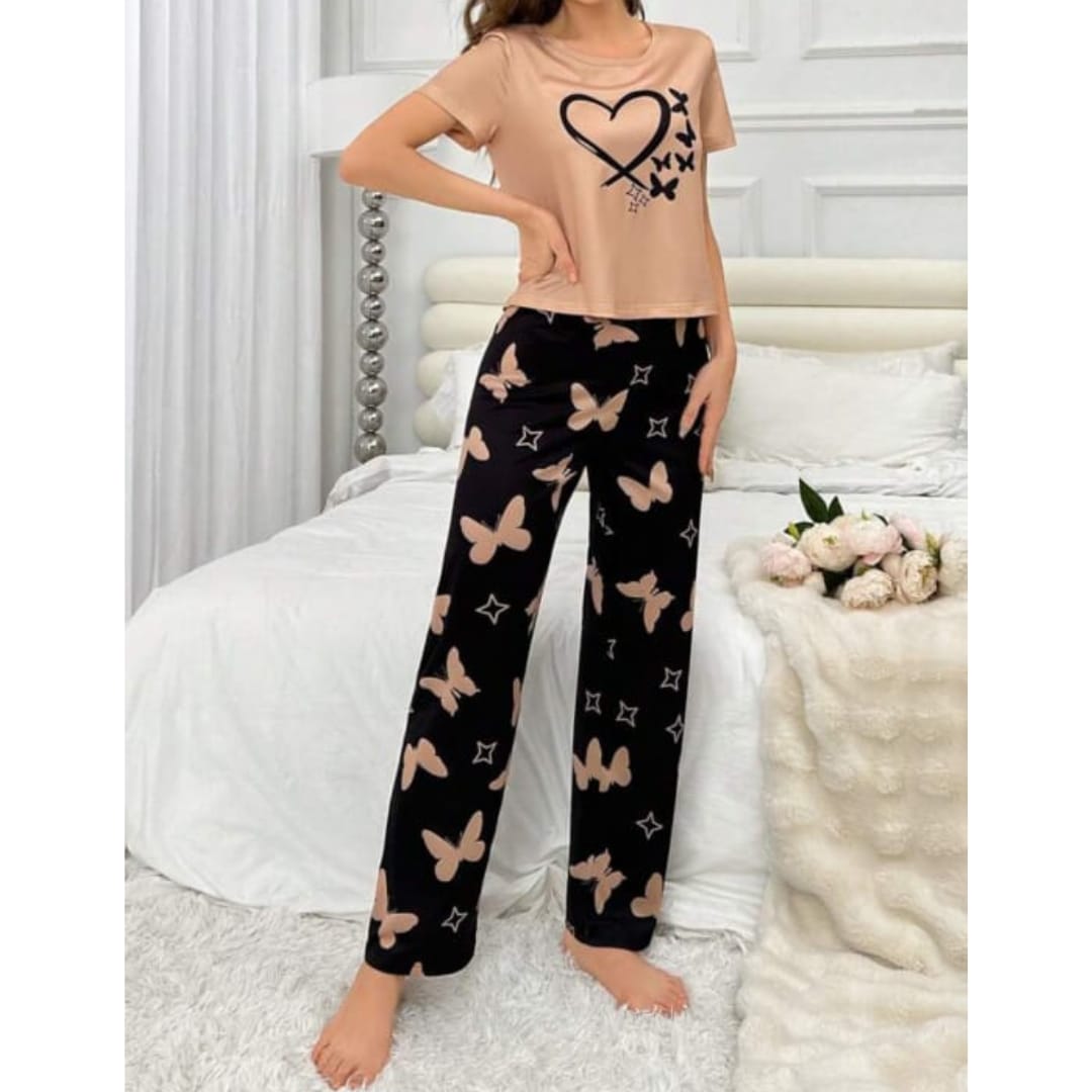 Brown With Black Butterflies Heart Printed T-shirt And Butterflies Printed Trouser Suit (SP-33)