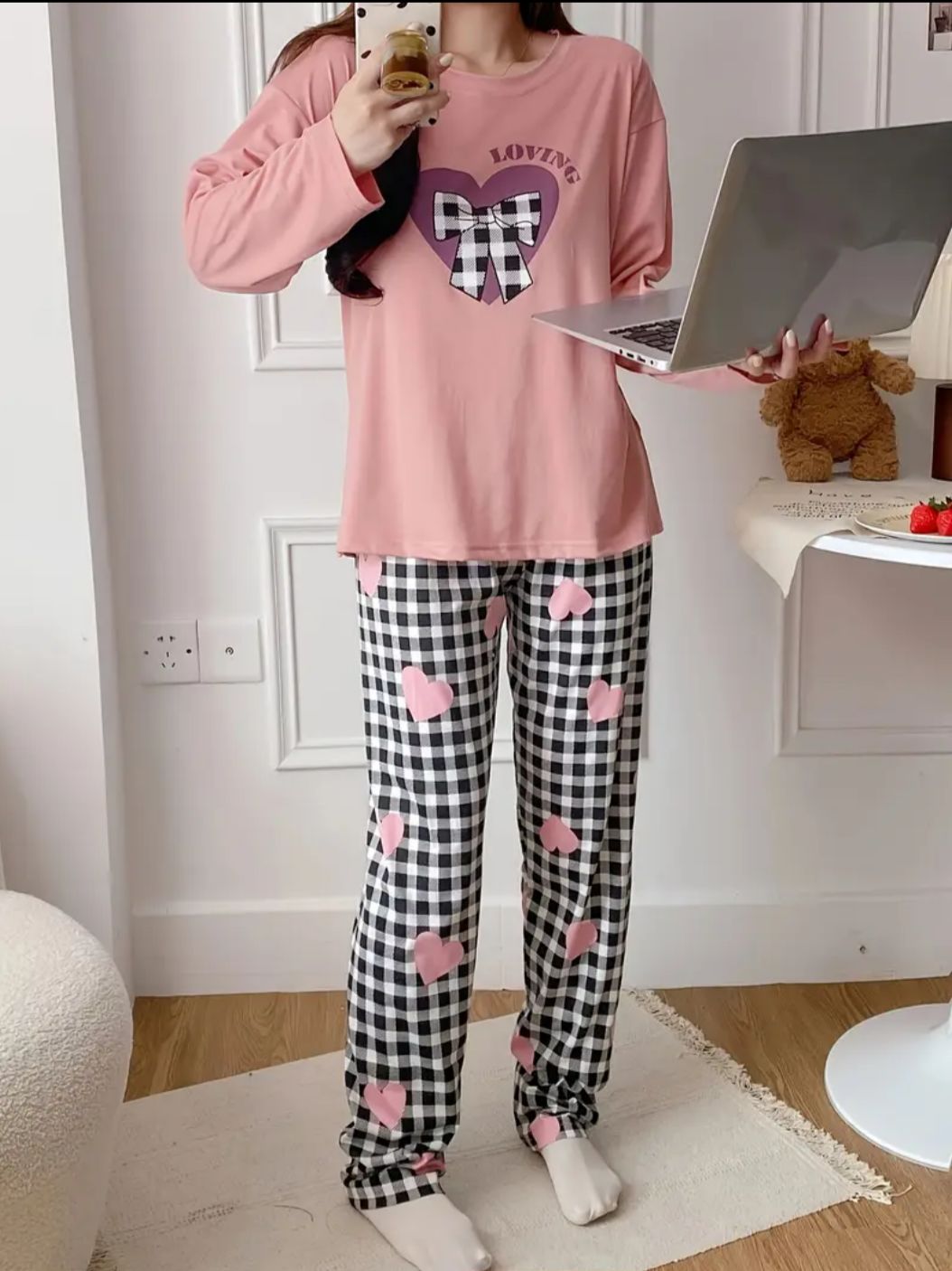 Pink Ribbon Charm Full Sleeves Pajama Set – Soft Feel, Cute Vibe