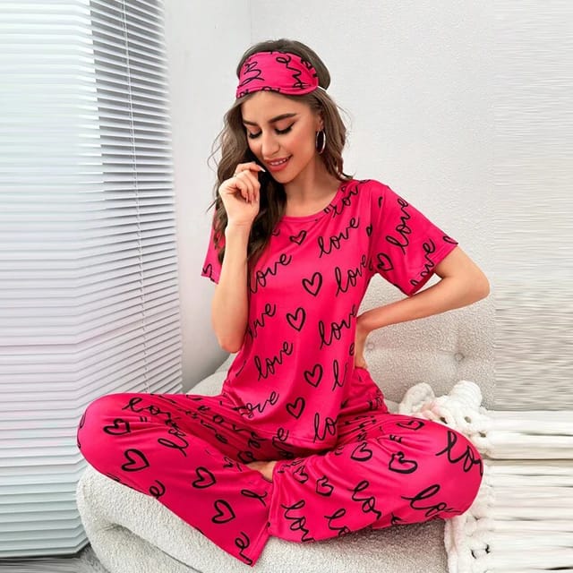 Shocking Pink Love Printed T-shirt And Trouser Suit (SP-43)
