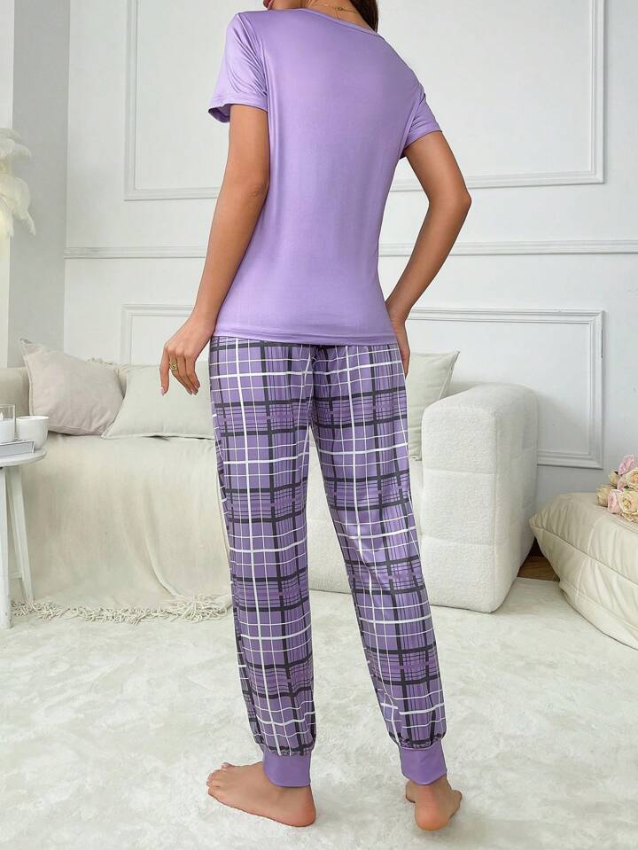 Smiley Comfort – Purple Print & Check Pajama Set (RB-405)