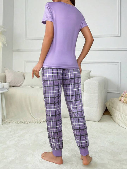 Smiley Comfort – Purple Print & Check Pajama Set (RB-405)