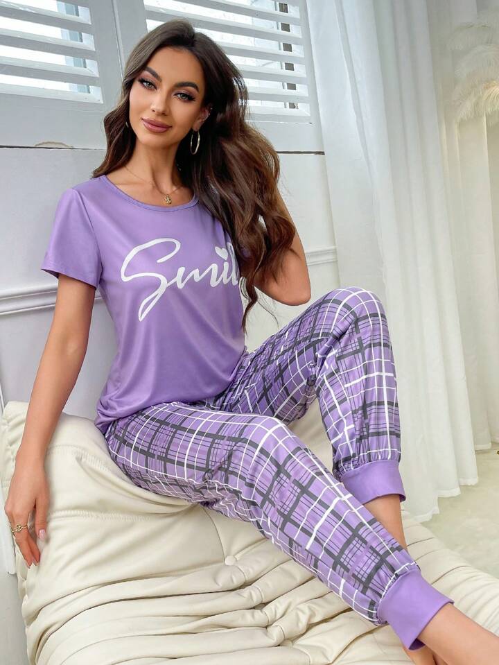 Smiley Comfort – Purple Print & Check Pajama Set (RB-405)