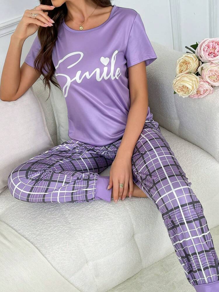 Smiley Comfort – Purple Print & Check Pajama Set (RB-405)