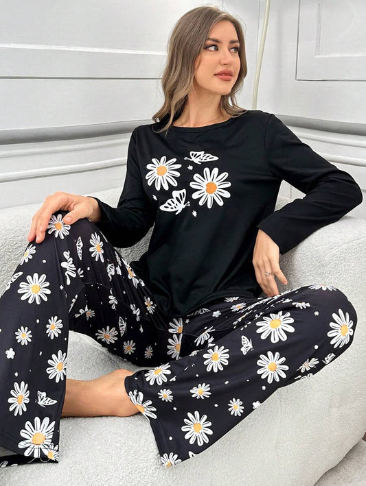 Black Daisy & Butterfly Print Long Sleeve & Pants Casual Pajama Set For Women