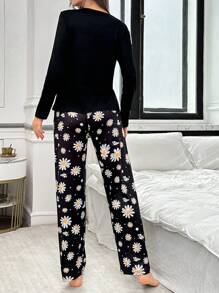 Black Daisy & Butterfly Print Long Sleeve & Pants Casual Pajama Set For Women