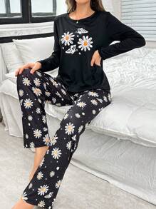 Black Daisy & Butterfly Print Long Sleeve & Pants Casual Pajama Set For Women