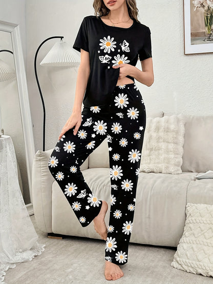 Cute daisy print Women's sleepwear set with short sleeved top and long pants