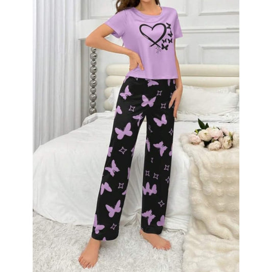 Purple With Black Butterflies Heart Printed T-shirt And Butterflies Printed Trouser Suit (SP-32)