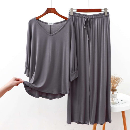 Plain Grey V Neck with Palazzo Style Pajama Full Sleeves Suit
