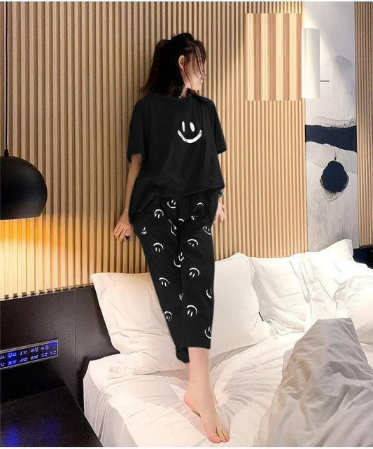 Black Smile Half Sleeves Printed Night Suit (SP-59)