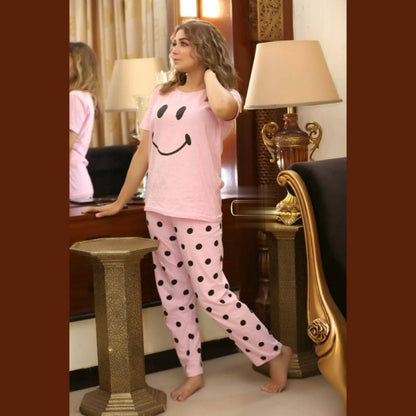 Pink Smile with Dotted Style Pajama Half Sleeves Night Suit for her (SP-09)