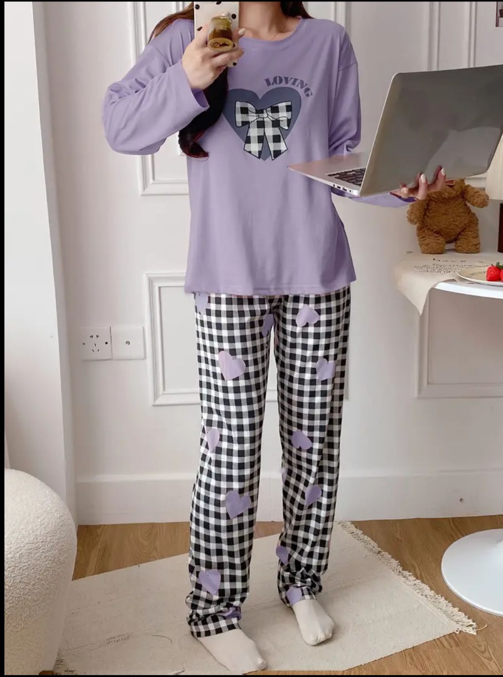 Lilac Charm Check Ribbon Pajama Set – Soft Feel, Cute Vibe