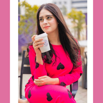 Shocking Pink With Black Big Heart print Half Sleeves Night Suit for her (SP-37)