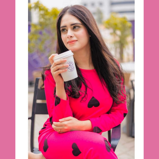 Shocking Pink With Black Big Heart print Half Sleeves Night Suit for her (SP-37)