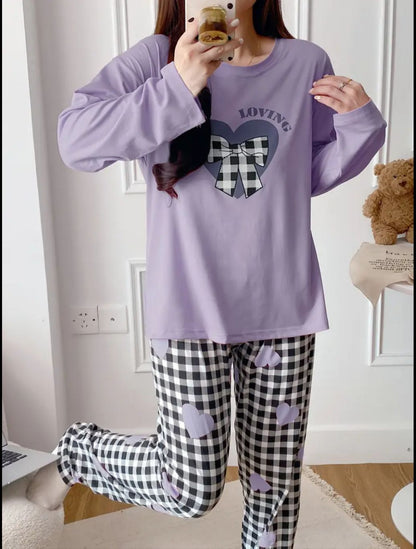 Lilac Charm Check Ribbon Pajama Set – Soft Feel, Cute Vibe