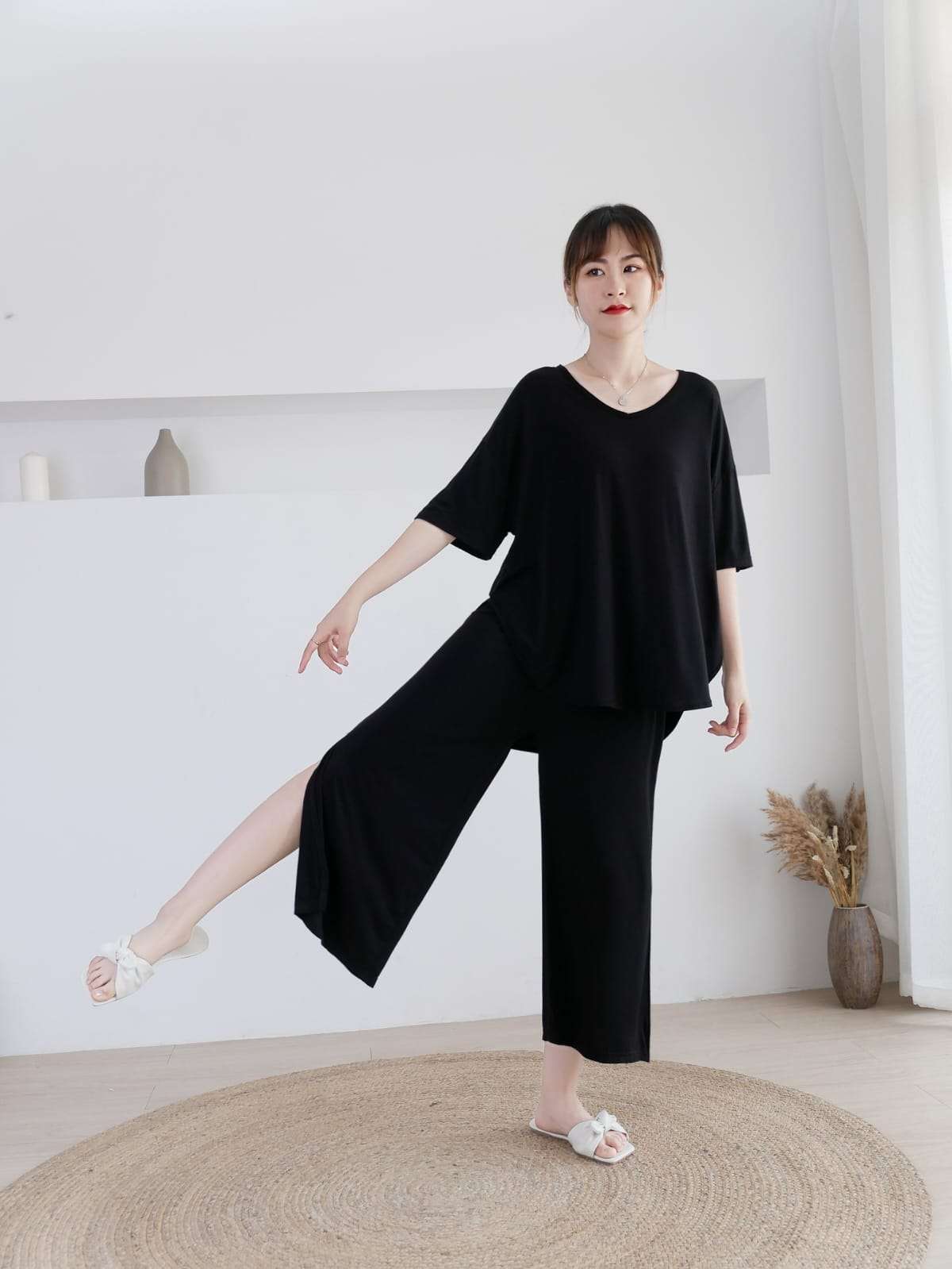 Plain Black V Neck Quarter Sleeves with Cut Style Pajama Night Suit