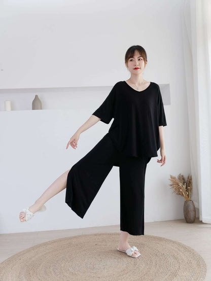 Plain Black V Neck Quarter Sleeves with Cut Style Pajama Night Suit