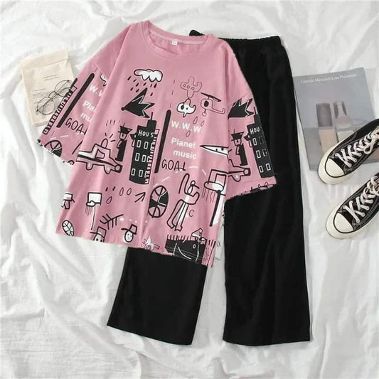 Pink Multi Printed Half Sleeves The Ultimate Dream wear Sleep Suit (SP-04)