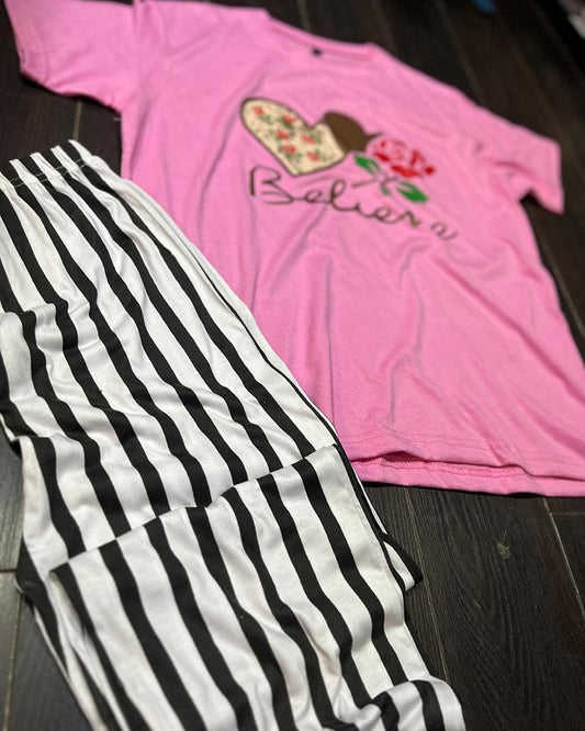 Pink Believe Printed Tshirt and Linning Trouser (SP-58)