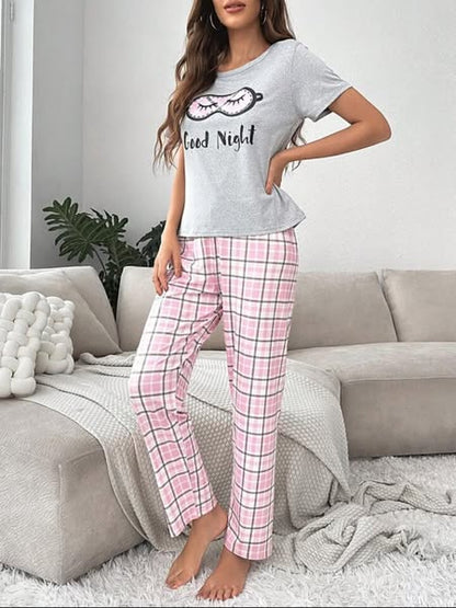 Heather Grey and Pink Plaid Pajamas Printed Night Wear (RB-402)