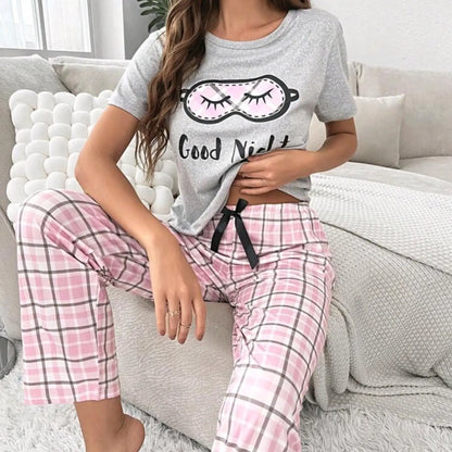 Heather Grey and Pink Plaid Pajamas Printed Night Wear (RB-402)
