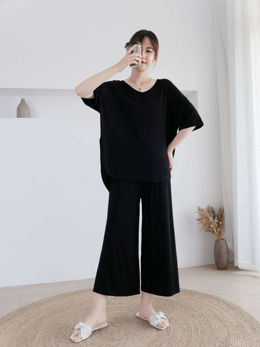 Plain Black V Neck Quarter Sleeves with Cut Style Pajama Night Suit