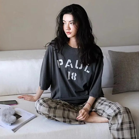 Grey Half Sleeves Paul Printed T-shirt With Check Trouser Suit (SP-16)